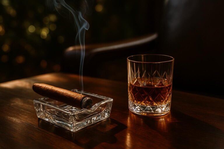 A lit cigar resting on a walnut ashtray beside a crystal rocks glass of bourbon on a dark surface with warm amber tones