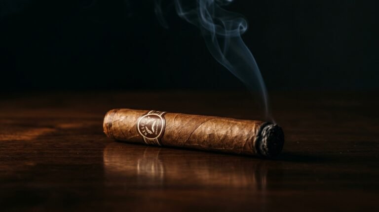 Single premium cigar resting on dark wood in dramatic low-key lighting