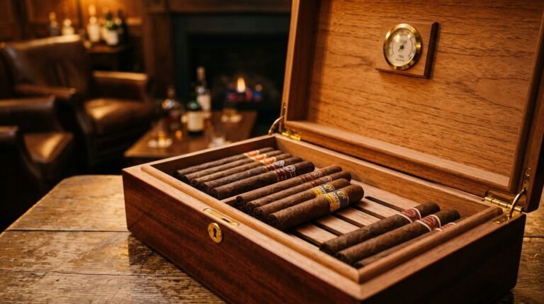 Open wooden humidor showing rows of premium cigars on cedar trays with a hygrometer visible, warm amber lighting