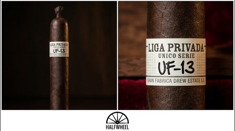 Liga Privada UF-13 cigar by Drew Estate with dark maduro wrapper on dark background