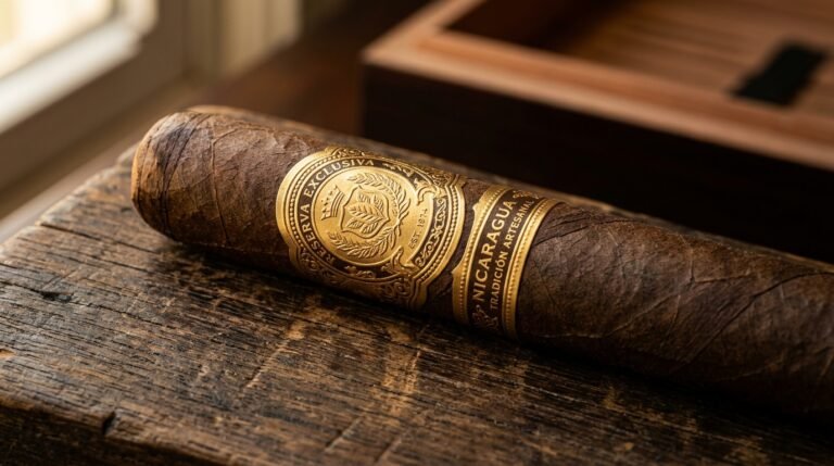 Close-up of an ornate cigar band on a premium cigar resting on dark walnut wood
