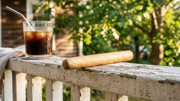 Connecticut shade wrapper cigar on a sun-lit porch railing, cold brew coffee in the soft background