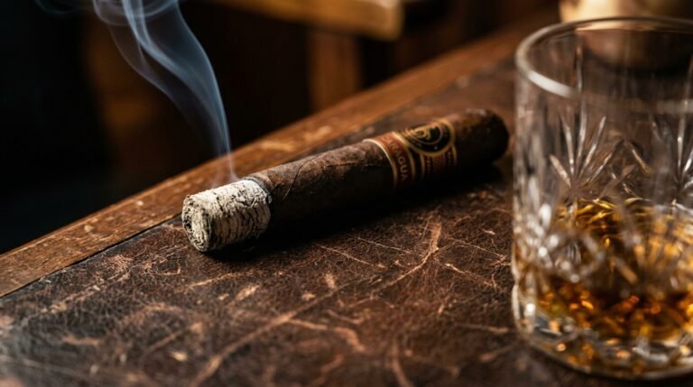 A Rocky Patel Disciple cigar resting on aged leather with a crystal rocks glass of whiskey, smoke rising from the lit end.