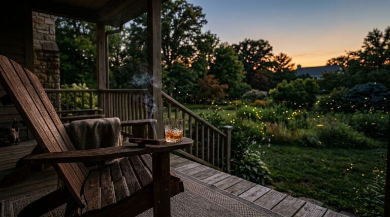 A lit cigar and glass of bourbon rest on the armrest of an Adirondack chair at dusk, fireflies glowing in the background
