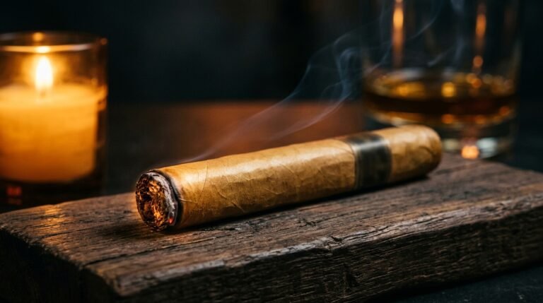A premium lit cigar with a smooth golden Connecticut shade wrapper resting on dark walnut wood beside a whiskey glass, lit by warm amber candlelight