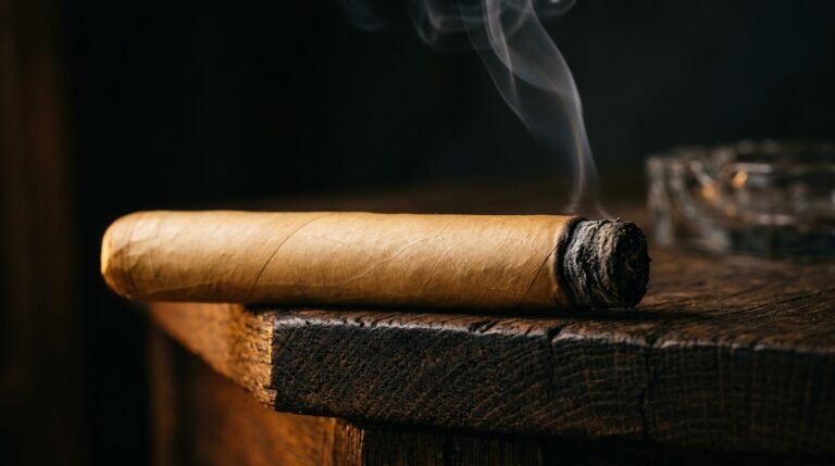 A premium Connecticut shade cigar resting on dark oak, dramatically side-lit, warm amber tones