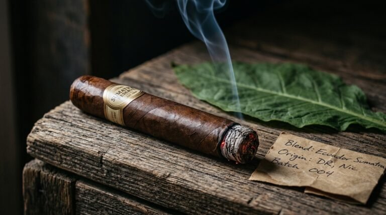A dark, oily Ecuadorian Sumatra-wrapped cigar with a soft box-press profile rests on aged wood beside a Dominican tobacco leaf, smoke curling upward in diffused natural light.