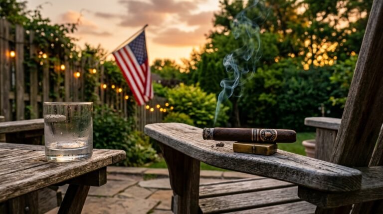 A premium cigar resting on an Adirondack chair at golden hour, smoke curling upward, with a backyard summer evening scene in soft focus behind it.
