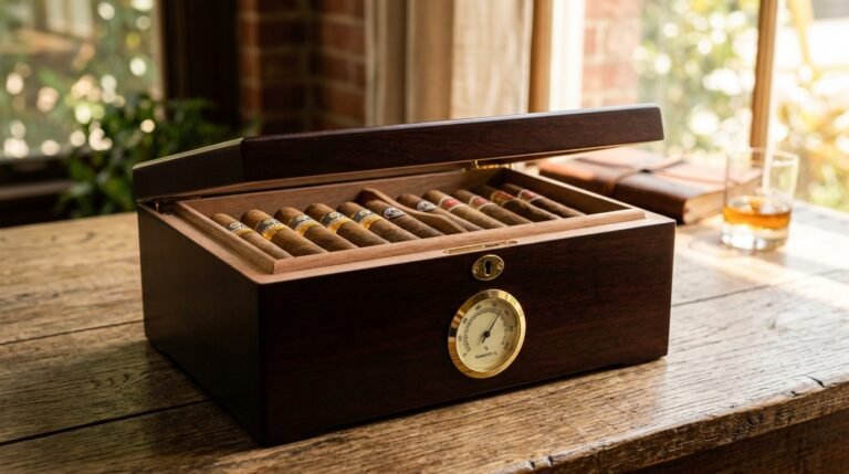 A dark mahogany desktop humidor with its lid slightly open, analog hygrometer visible on the front panel, premium cigars inside undamaged, in warm July afternoon window light.