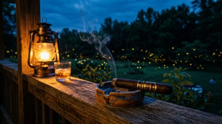 A cigar resting in an ashtray on a porch railing at summer dusk, with fireflies visible in the yard behind it