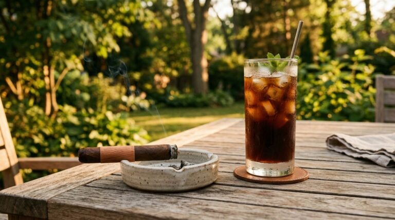 A lit cigar resting in an ashtray next to a glass of cold brew on ice on an outdoor summer table