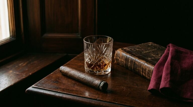 An unbanded cigar rests beside a crystal glass of amber spirit and a leather-bound book on dark mahogany — a cinematic editorial image evoking family legacy and the heritage of premium cigar craftsmanship