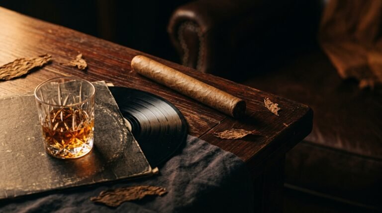 A single unbanded cigar rests beside an amber glass and a vinyl record on dark mahogany — a cinematic editorial still life evoking the boutique spirit and musical soul of Crowned Heads cigars