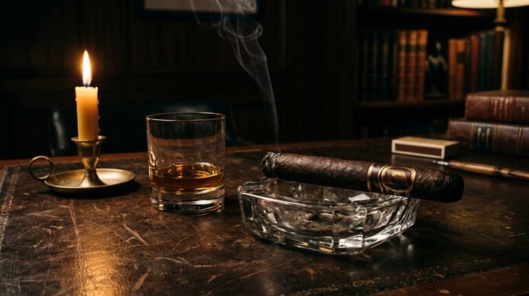 A dark Oscuro-wrapper cigar rests in a crystal ashtray beside a glass of amber whisky, lit by warm candlelight in a late-night study