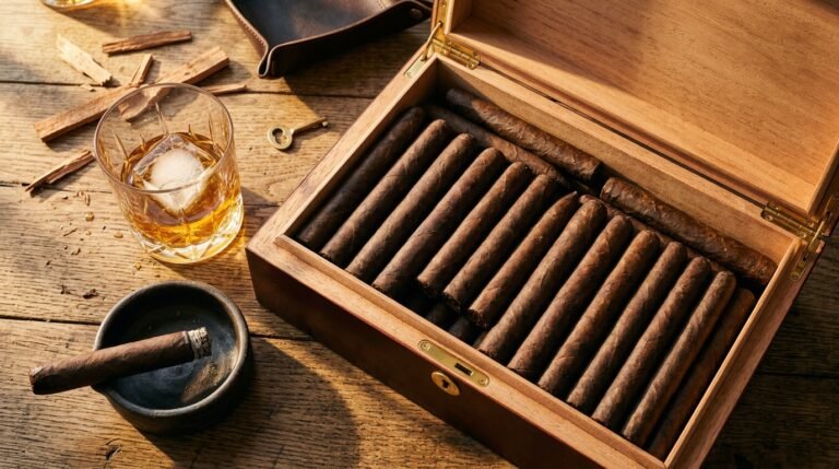 An open cedar humidor filled with dark Maduro cigars rests beside a glass of bourbon and a rustic ashtray, bathed in warm golden side-lighting — evoking the shift from summer to fall