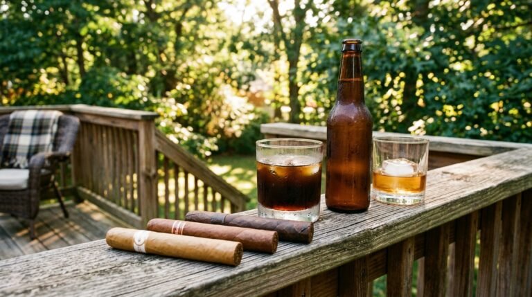 Three premium cigars rest on a weathered cedar deck railing beside a glass of cold brew coffee, a craft lager bottle, and a lowball glass of bourbon over ice — late summer morning light through oak leaves, Labor Day weekend scene, no branding visible