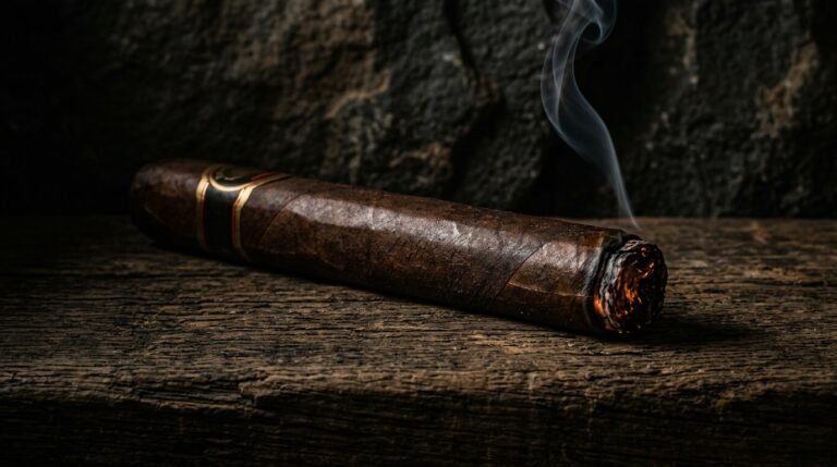 Plasencia Alma Fuerte Sixto II Hexagono cigar resting on aged wood with dramatic side lighting