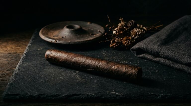 A single dark cigar rests across a slate surface beside a ceramic dish and dried botanicals, bathed in dramatic side-light — a minimalist editorial image evoking the aesthetic-first world of premium cigar branding
