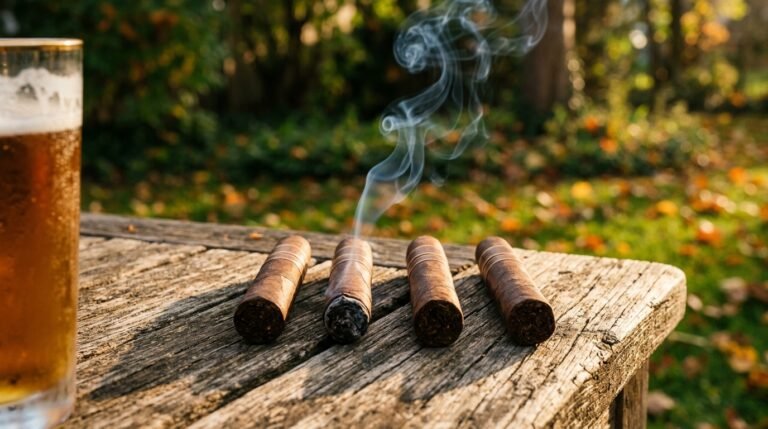 Four premium cigars on a game day table — cigar guide for NFL opening weekend 2026