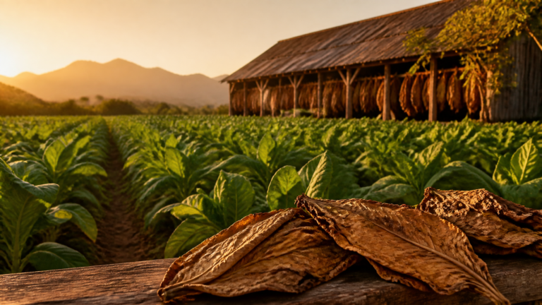 Nicaraguan tobacco field at golden hour with a drying barn and cured leaves
