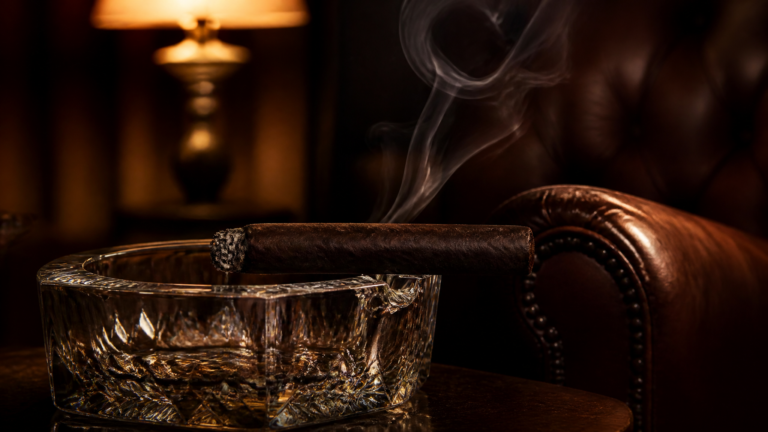Dark full-bodied cigar resting on a crystal ashtray next to a leather chair