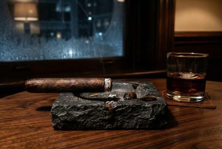 Dark oily maduro cigar with no band resting on a slate ashtray beside a glass of dark rum in low lamplight