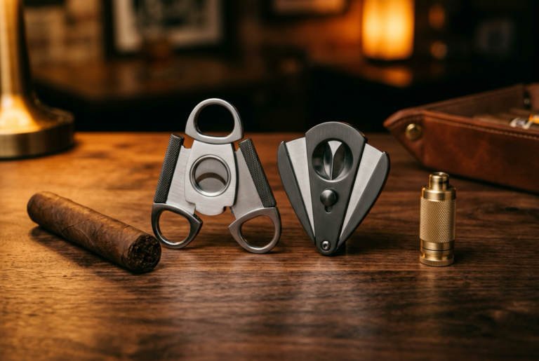 Three cigar cutters, a guillotine, a V-cut and a punch, laid out on a dark wooden table beside an uncut cigar