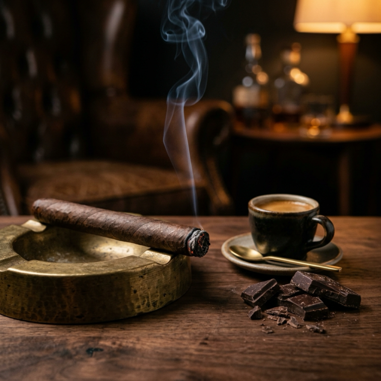 A lit cigar resting beside broken pieces of dark chocolate and a small cup of espresso on a dark wooden table