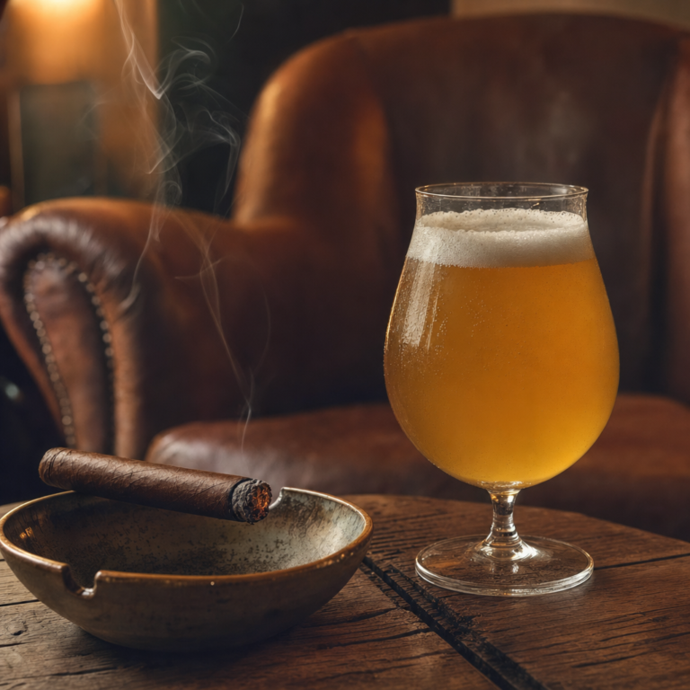 Pint glass of golden IPA beside a lit cigar and cutter on a rustic wooden table