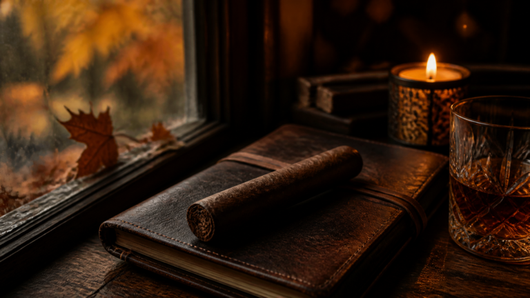 Dark box-pressed cigar on a leather journal beside whiskey and a candle on an autumn window sill