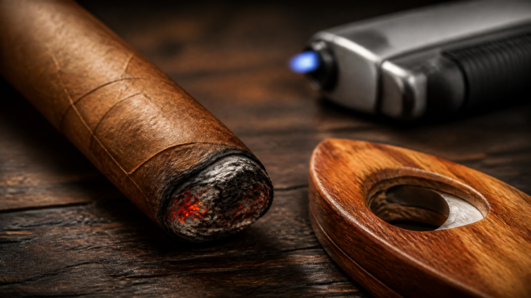 Close-up of a cigar foot burning unevenly beside a torch lighter and cigar cutter