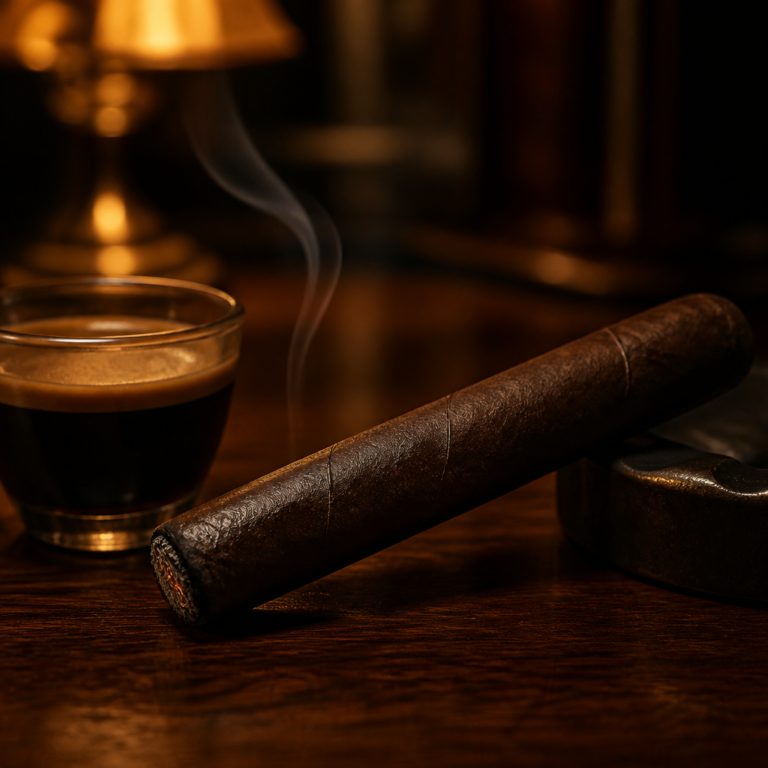 Dark oily box-pressed cigar with no band on a walnut table beside a cup of espresso in warm lamplight