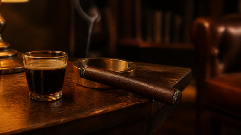 Dark box-pressed Nicaraguan cigar with no band beside a glass of espresso on a walnut table in warm lamplight