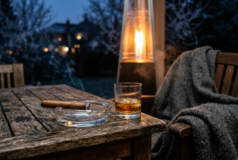 Lit cigar resting in an ashtray on a wooden table beside a glowing patio heater on a cold winter evening
